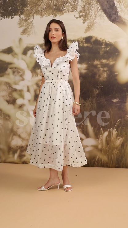 Kelsey Heart Print Ruffle Sleeve Midi Dress