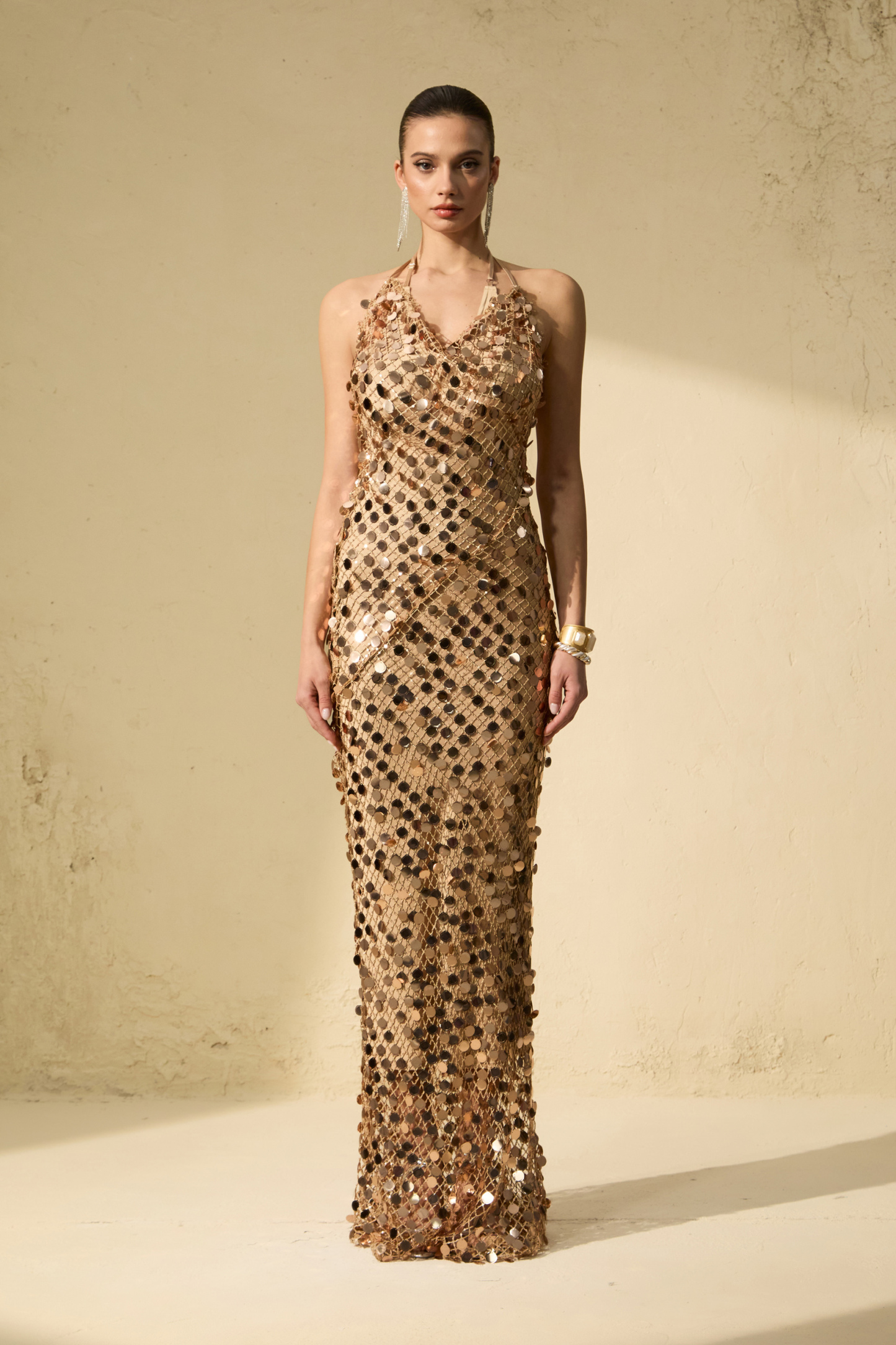 sunfere Radiance Starlet Gold Sequin Fishnet Maxi Dress