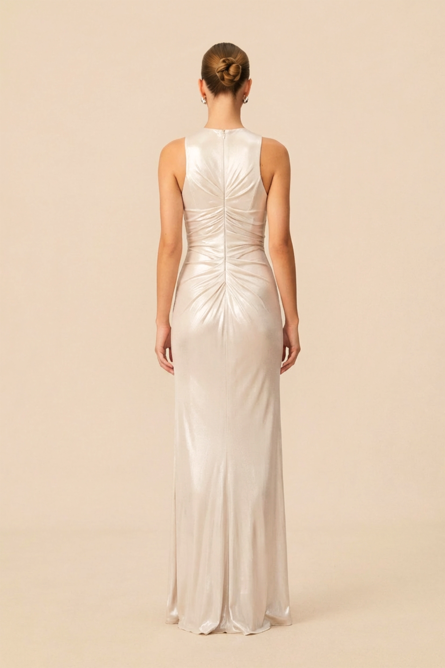 Queen Of The Night Silver Sleeveless Ruched Maxi Dress