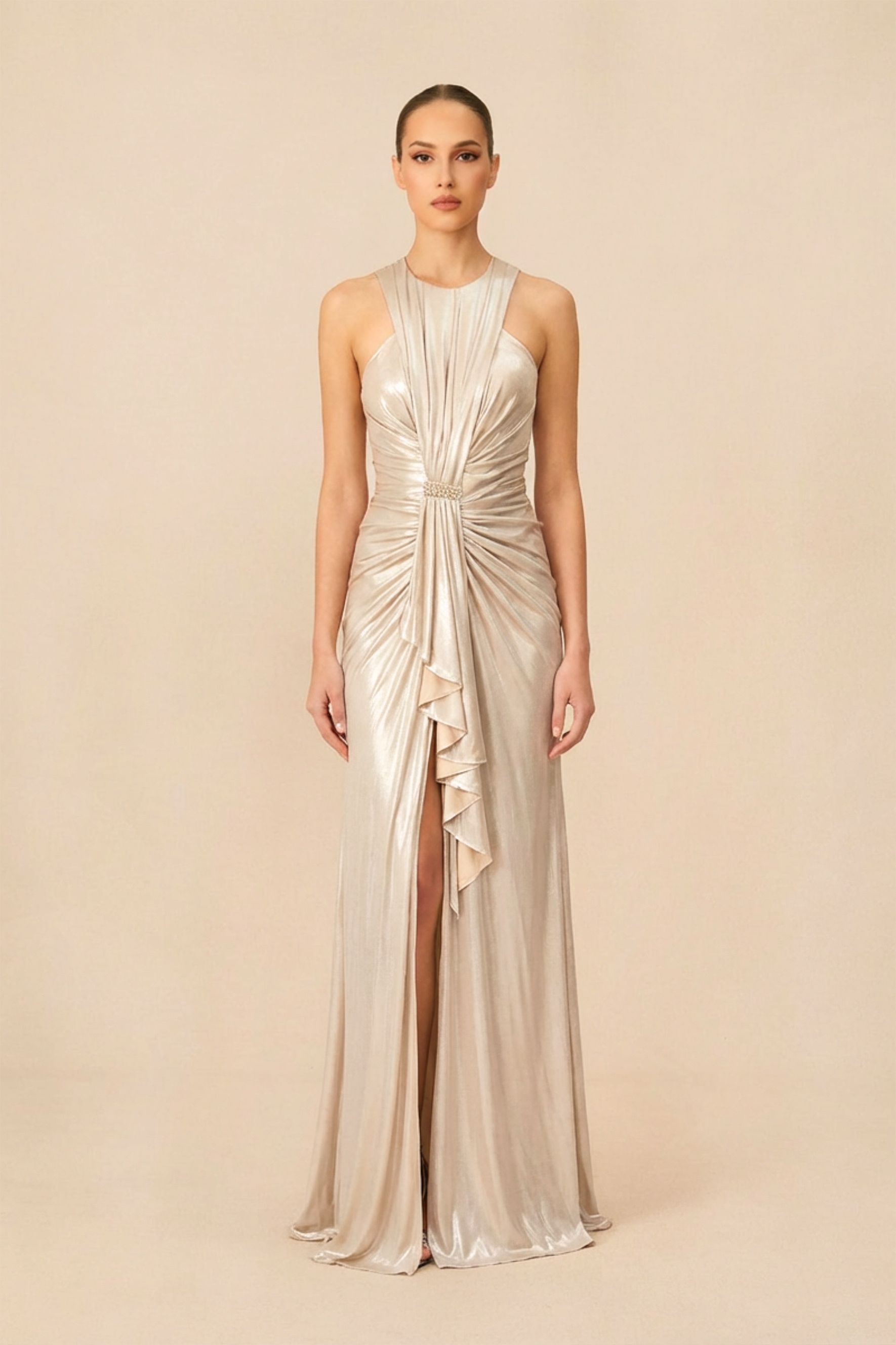 Queen Of The Night Silver Sleeveless Ruched Maxi Dress