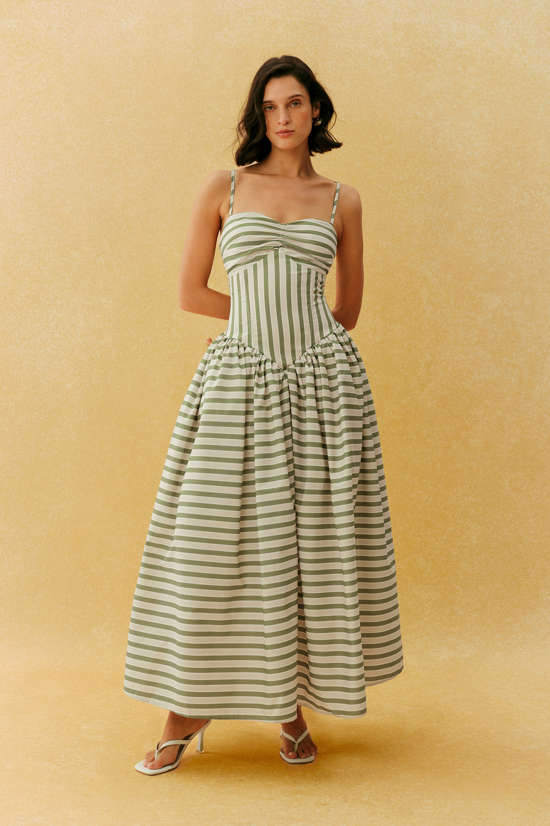 Adorable Impression Beige Stripe Spaghetti Strap Maxi Dress With Headscarf