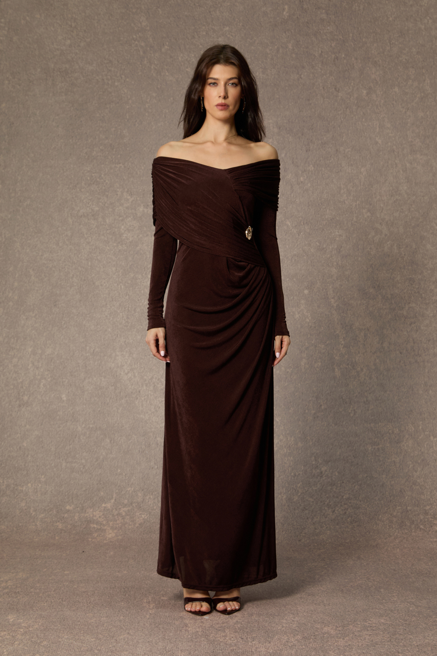 sunfere Always Remarkable Brown Off Shoulder Gathered Maxi Dress or All-Night Comfort Cold-Shoulder Gown