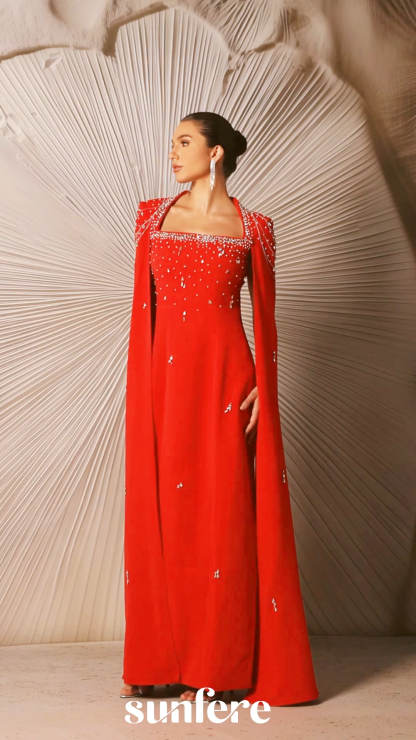 Diana Crystal Embellished Cape Sleeve Maxi Dress