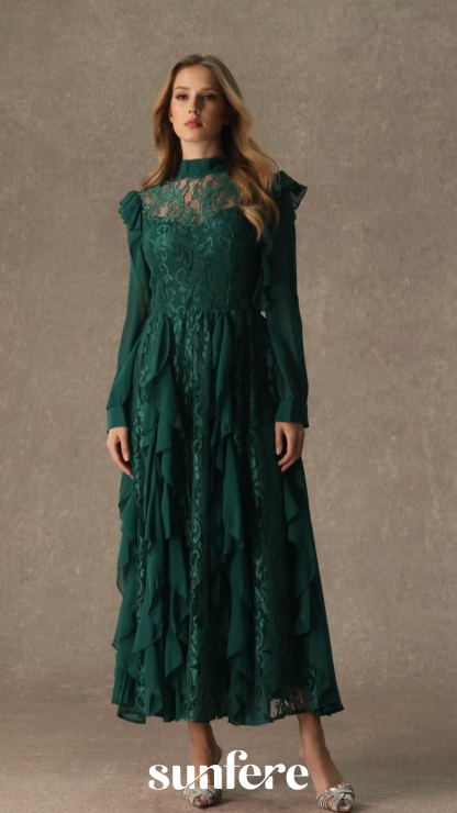 Sensational Memories Green Sheer Lace Ruffle Maxi Dress