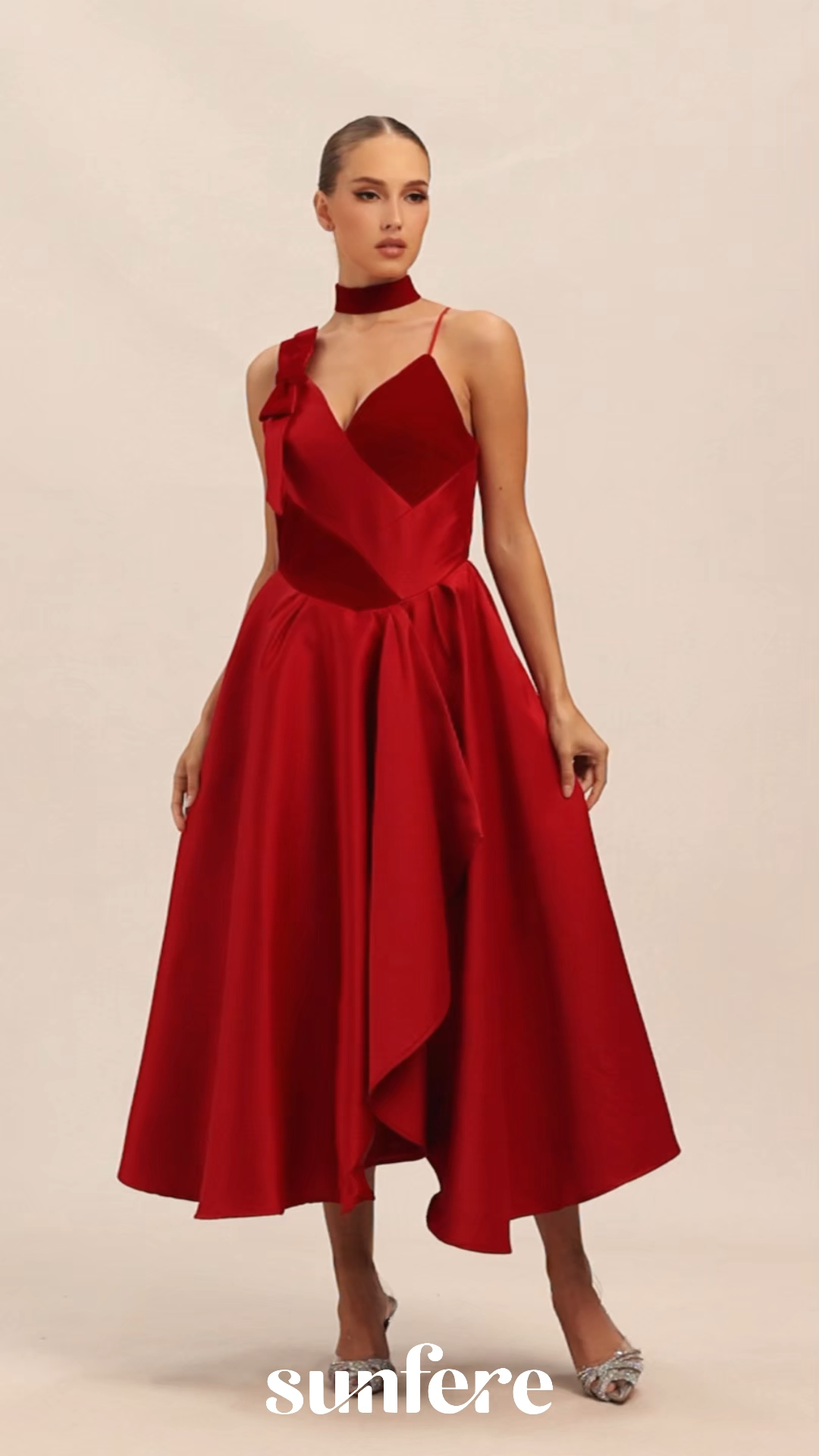 Luxurious Vision Red Velvet Panel Asymmetric Midi Dress