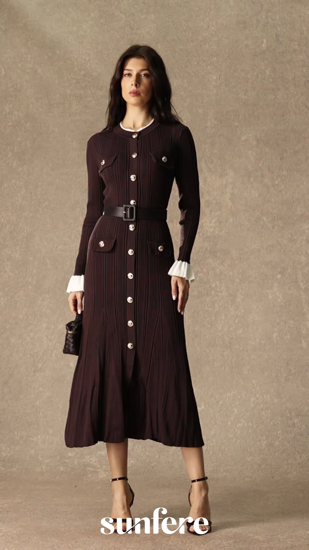 Autumn Luxe Brown Contrast Trim Ruffle Midi Dress