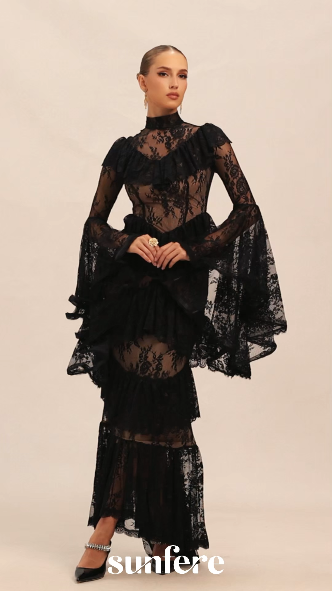 Angela Tiered Ruffle Sheer Lace Maxi Dress
