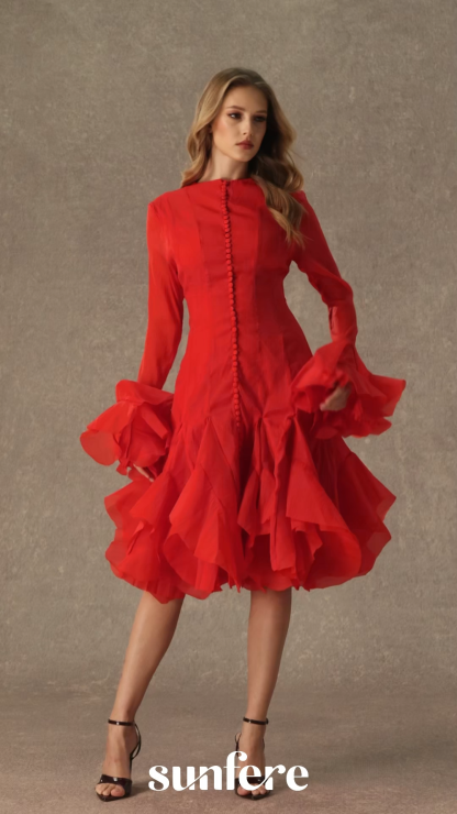 Little Fire Red Layered Ruffle Midi Dress