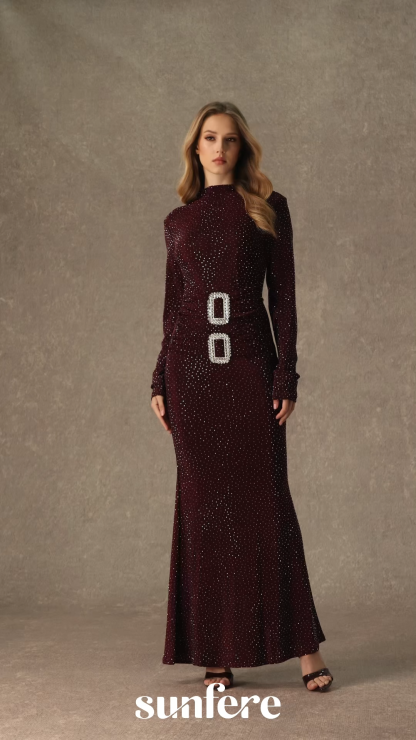 Forever Sensational Burgundy Crystal Buckle Maxi Dress