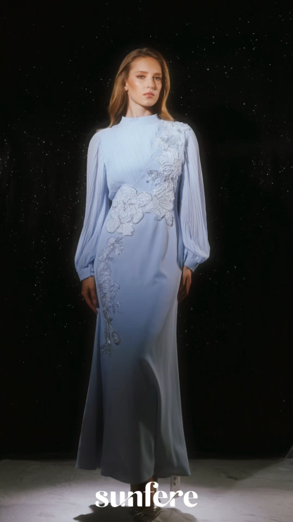 Signature Elegance Blue Floral Applique Pleated Sleeve Maxi Dress