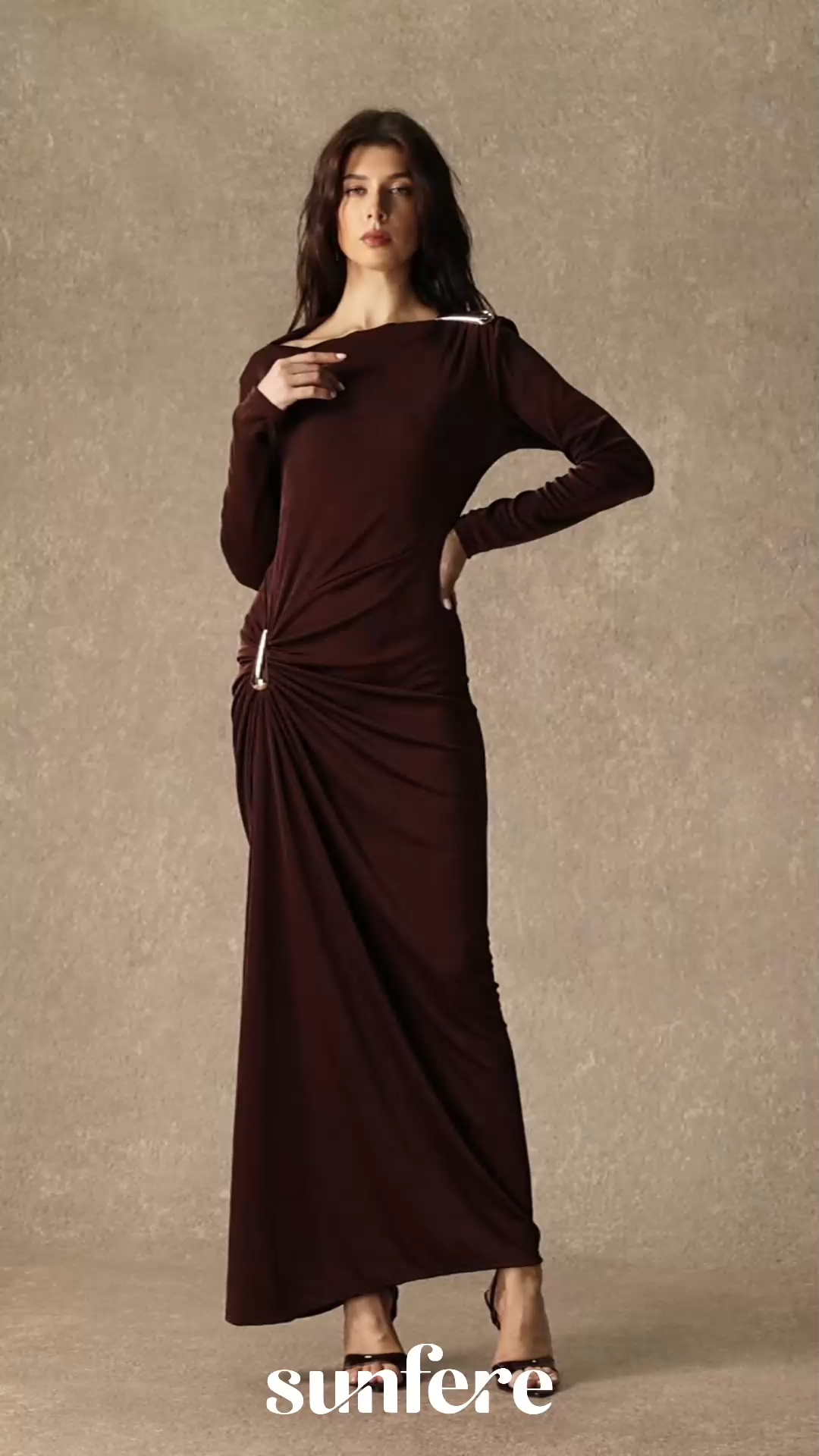 Effortlessly Stunning Brown Asymmetric Ruched Maxi Dress