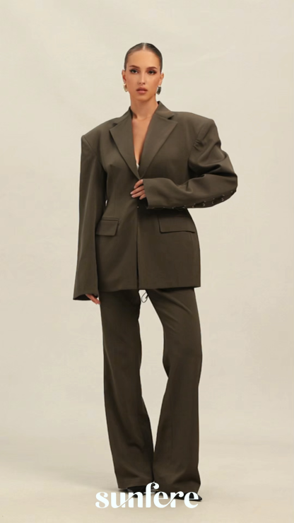 Joanna Lace Up Wide Shoulder Blazer & Trousers Set