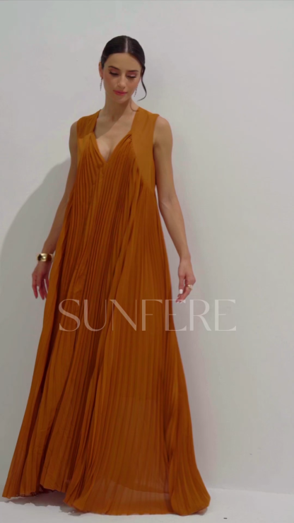 Minerva V-Neck Pleated Maxi Dress
