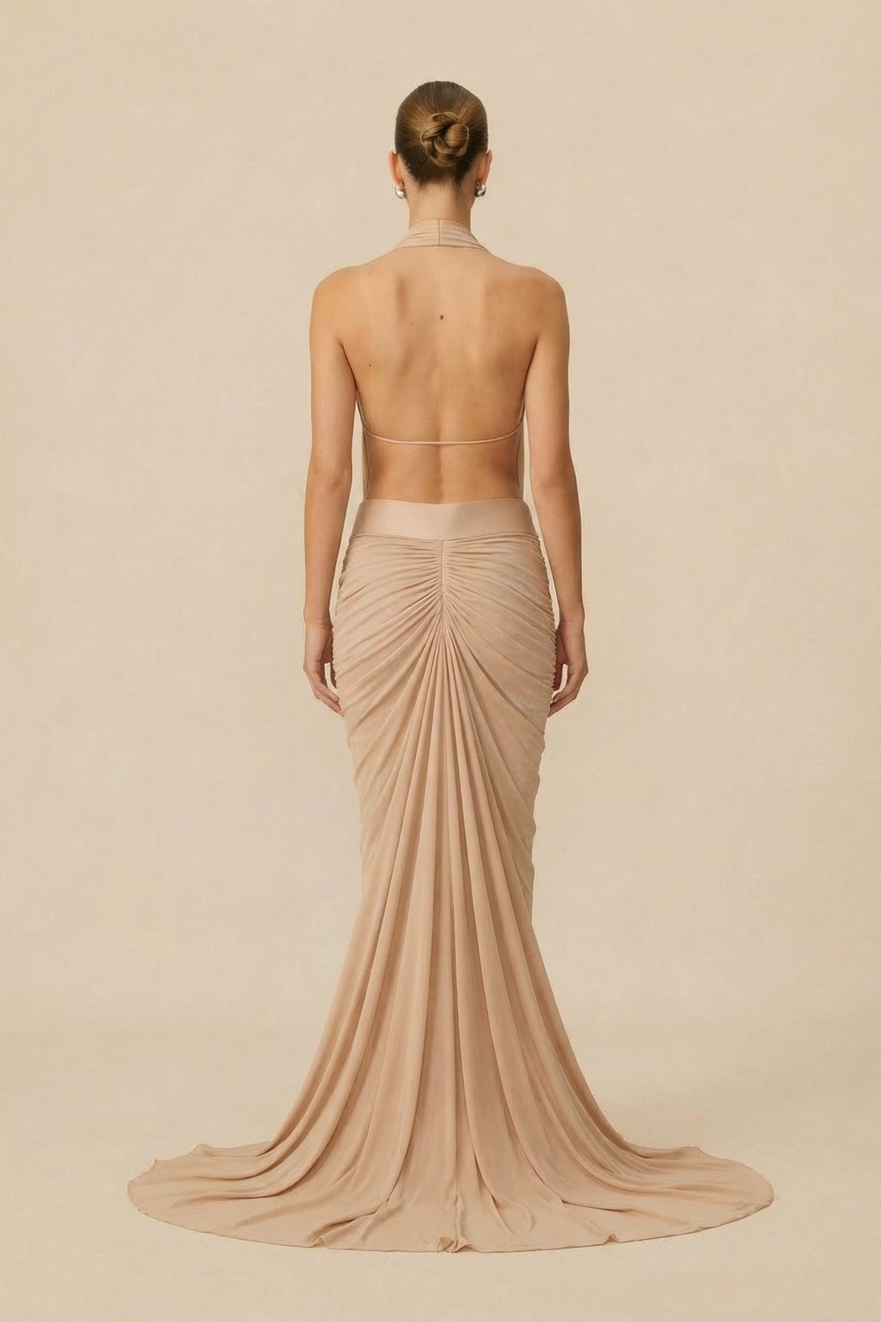 Event Ready Nude Deep V Neck High Slit Maxi Dress