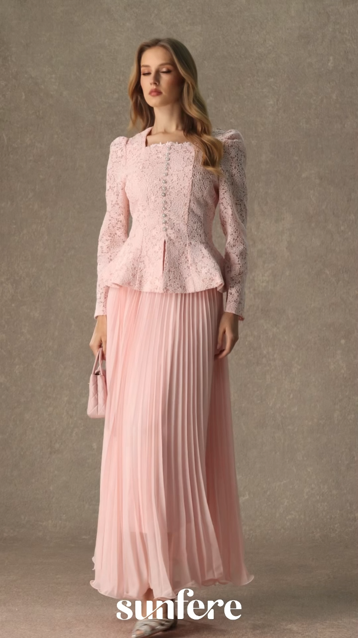 Glamorous Choice Pink Embroidered Lace Jacket & Pleated Skirt Set