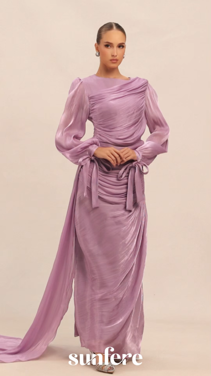 Sonia Lantern Sleeve Ruched Maxi Dress in Purple
