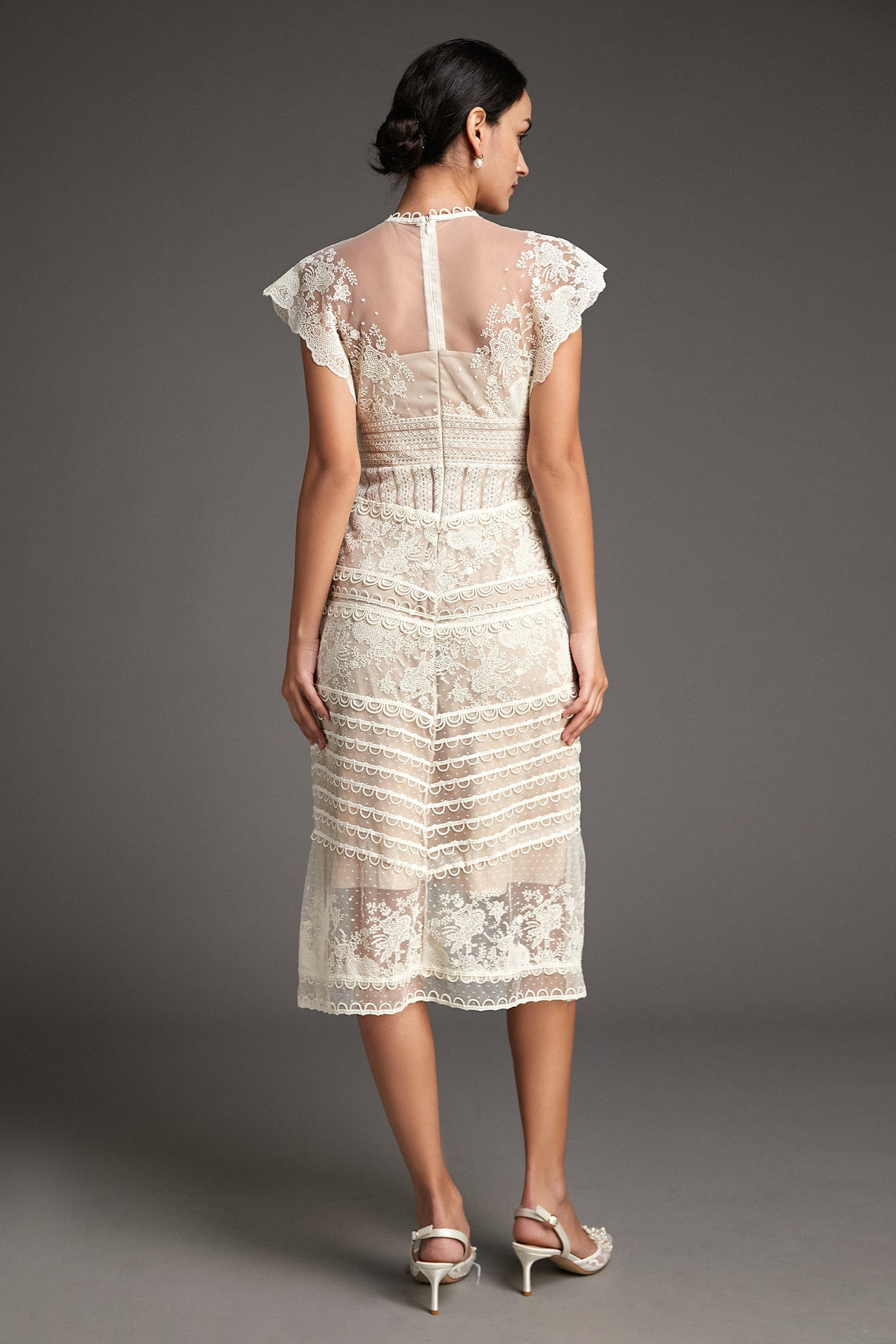 Lydia Flower Embroidered Mesh Midi Dress-Sunfere