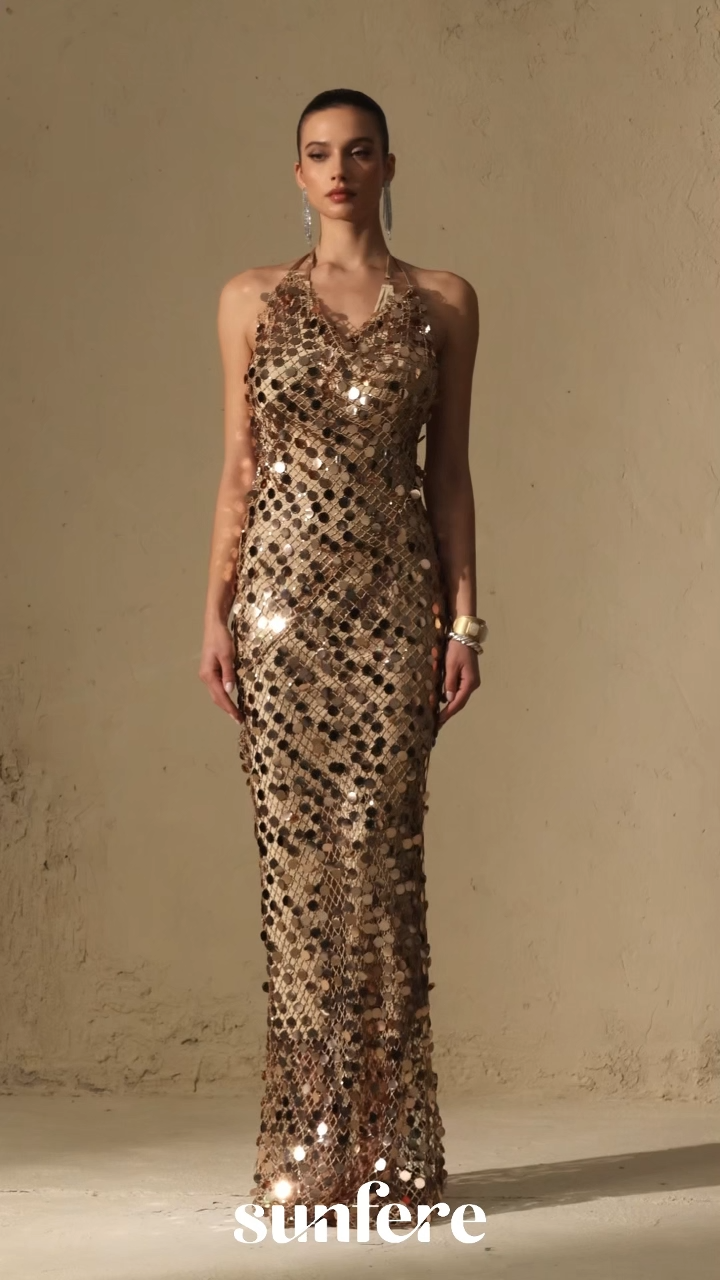 Radiance Starlet Gold Sequin Fishnet Maxi Dress