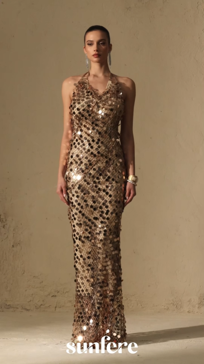 Radiance Starlet Gold Sequin Fishnet Maxi Dress
