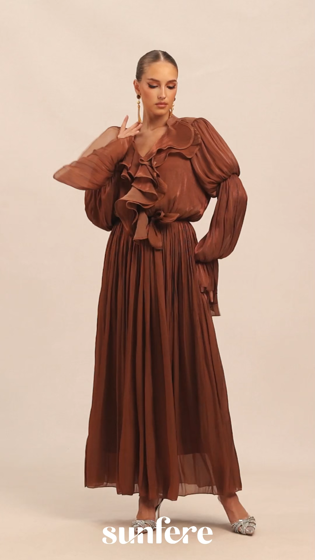 Oh-So Stunning Brown Puff Sleeve Ruffled Maxi Dress