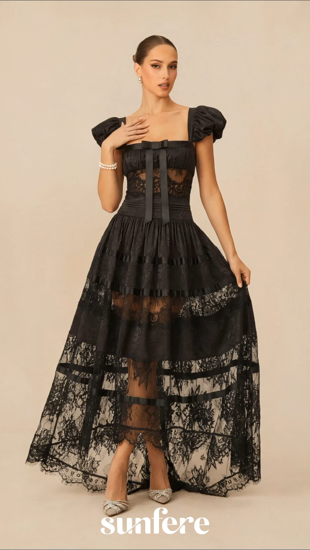 Luxury Mystical Black Puff Seeve Lace Panel Maxi Dress
