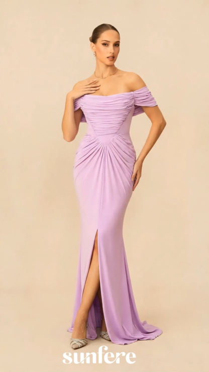 Classy Sensation Purple Off-Shoulder Gathered Maxi Dress