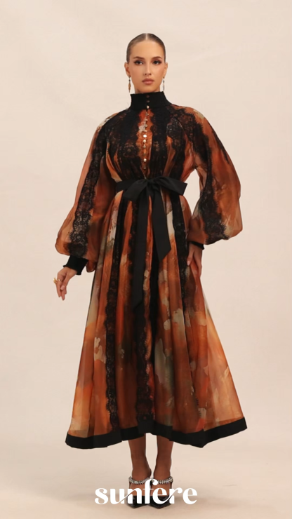 Alluring Glam Orange Lace Panel Midi Dress