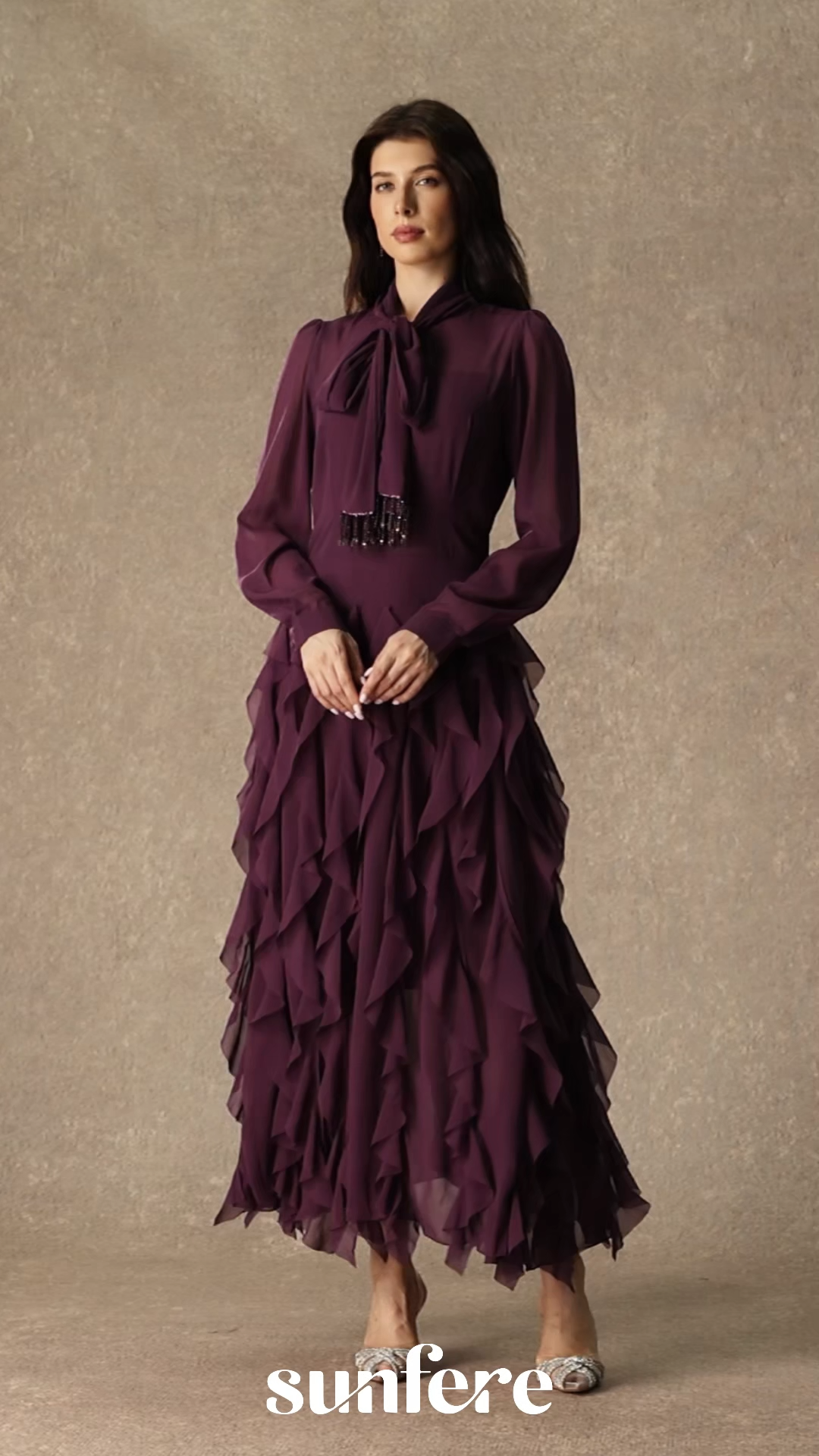 Ultimate Beauty Purple Bow Neck Tiered Ruffle Maxi Dress