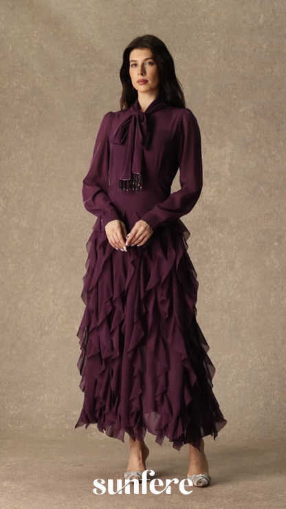 Ultimate Beauty Purple Bow Neck Tiered Ruffle Maxi Dress