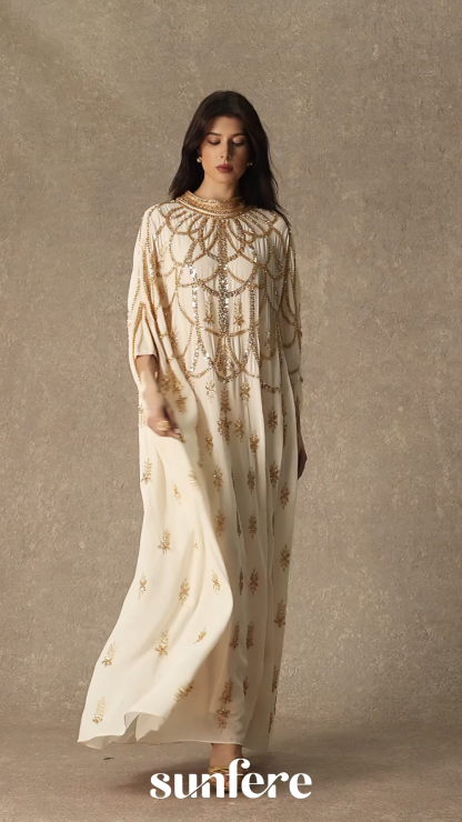 Perfectly Luxurious Beige Sequin Embroidered Maxi Kaftan