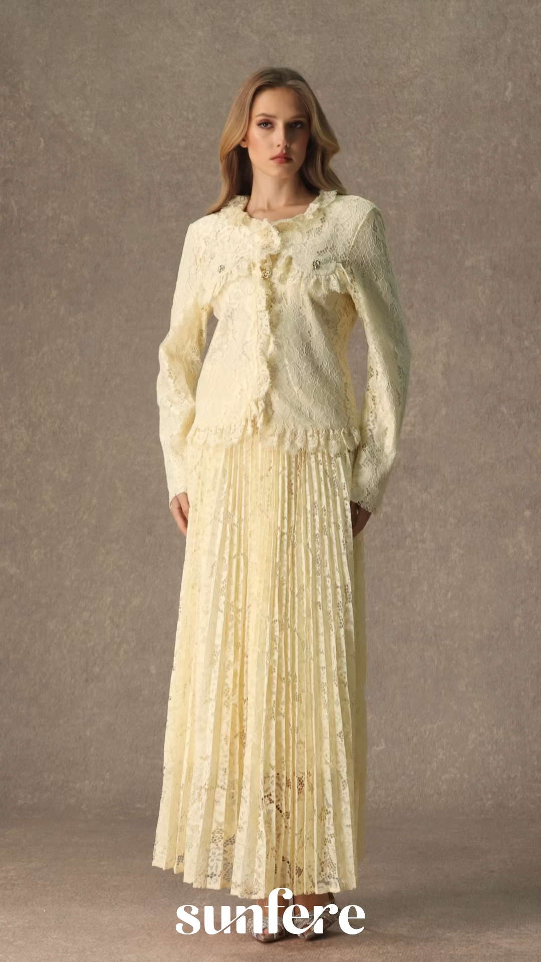 Blissful Strolls Beige Floral Lace Ruffle Jacket & Pleated Skirt Set