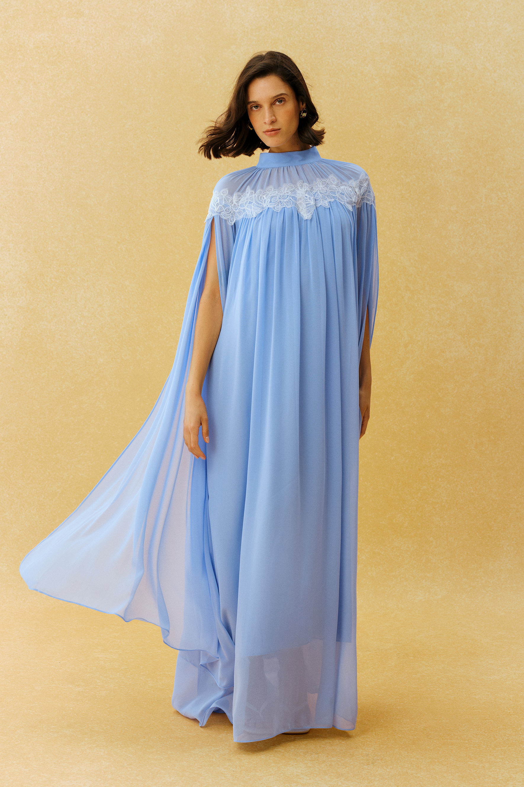 Glamorous Disposition Blue Lace Embroidery Cape Sleeve Maxi Dress