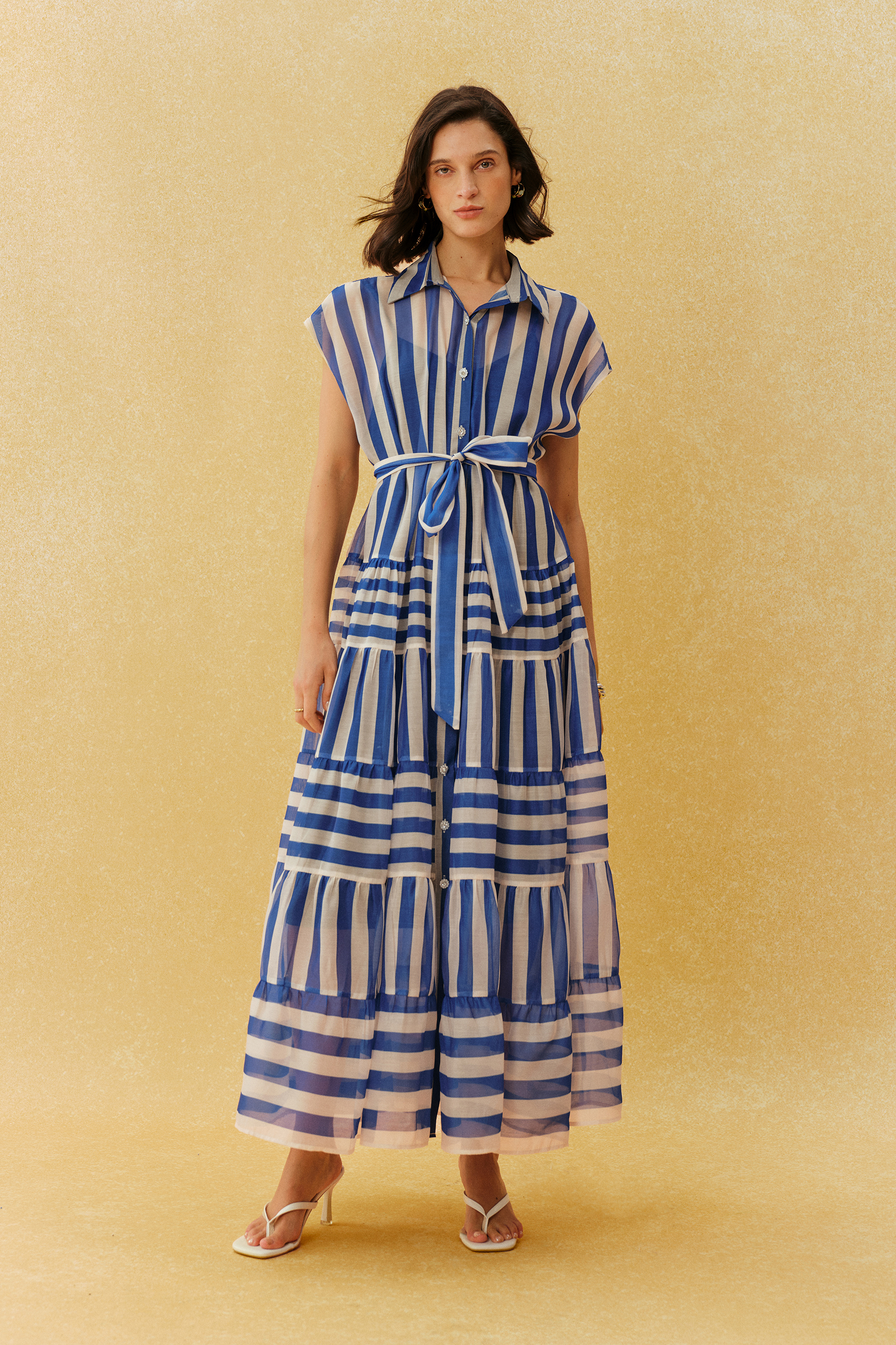 Breezy Little Secret Blue Striped Cap Sleeve Maxi Dress