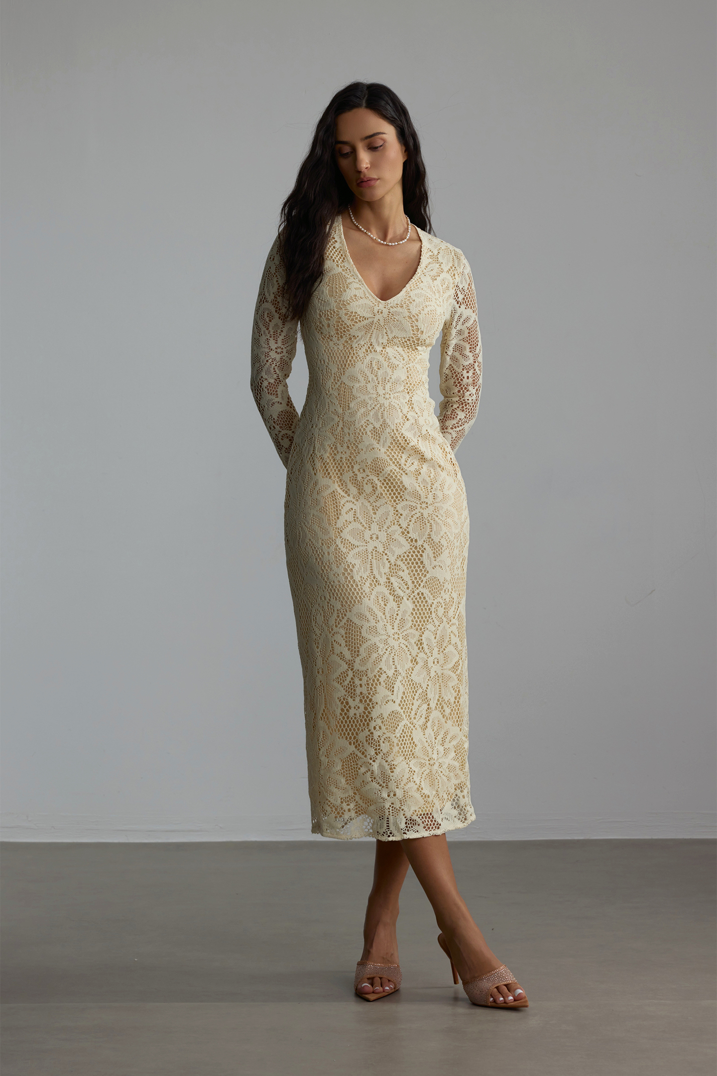 Olivia V-neck Long Sleeve Lace Midi Dress