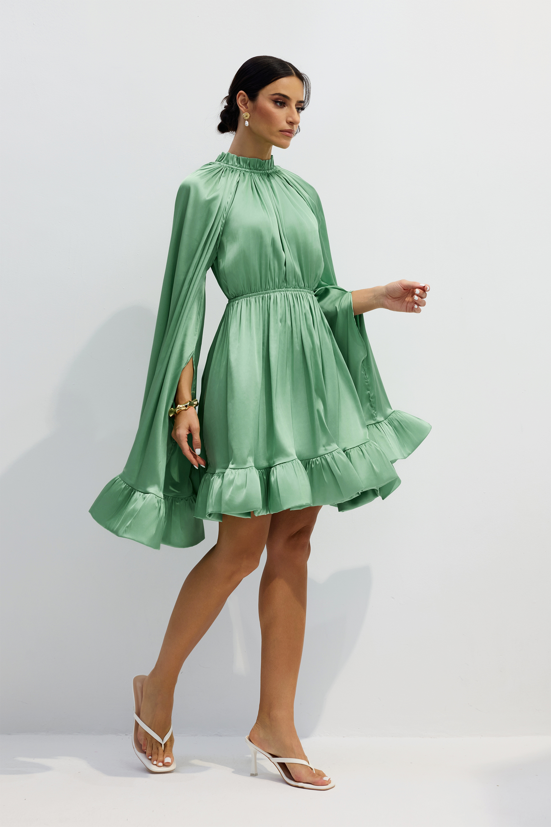 Octavia Cape Sleeve Ruffle Hem Mini Dress