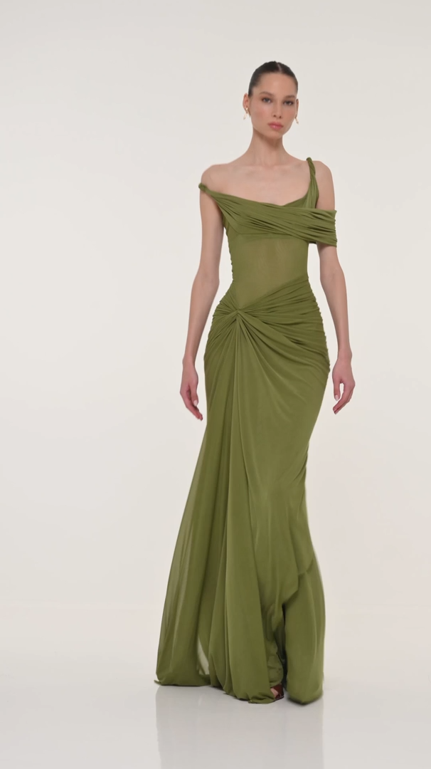 Date Me Darling Olive Asymmetric Off Shoulder Maxi Dress