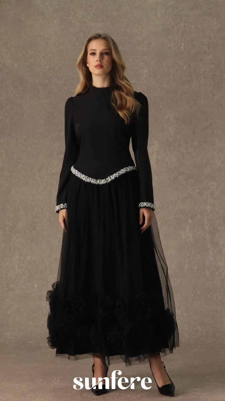 Remember This Moment Black Crystal Embellished Hem Top & 3D Flower Skirt Set