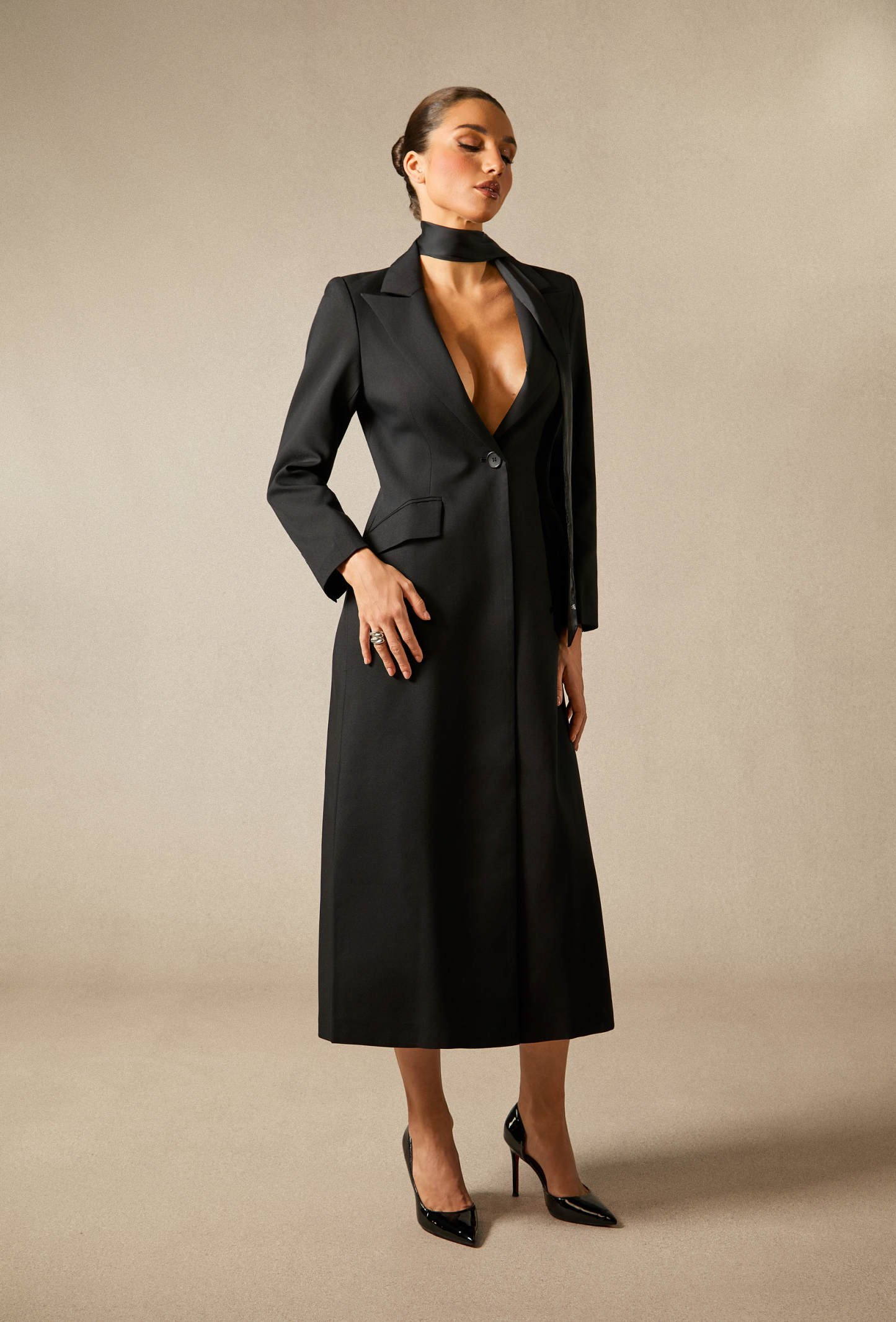 Esther Deep V Neck Single Breasted Long Coat