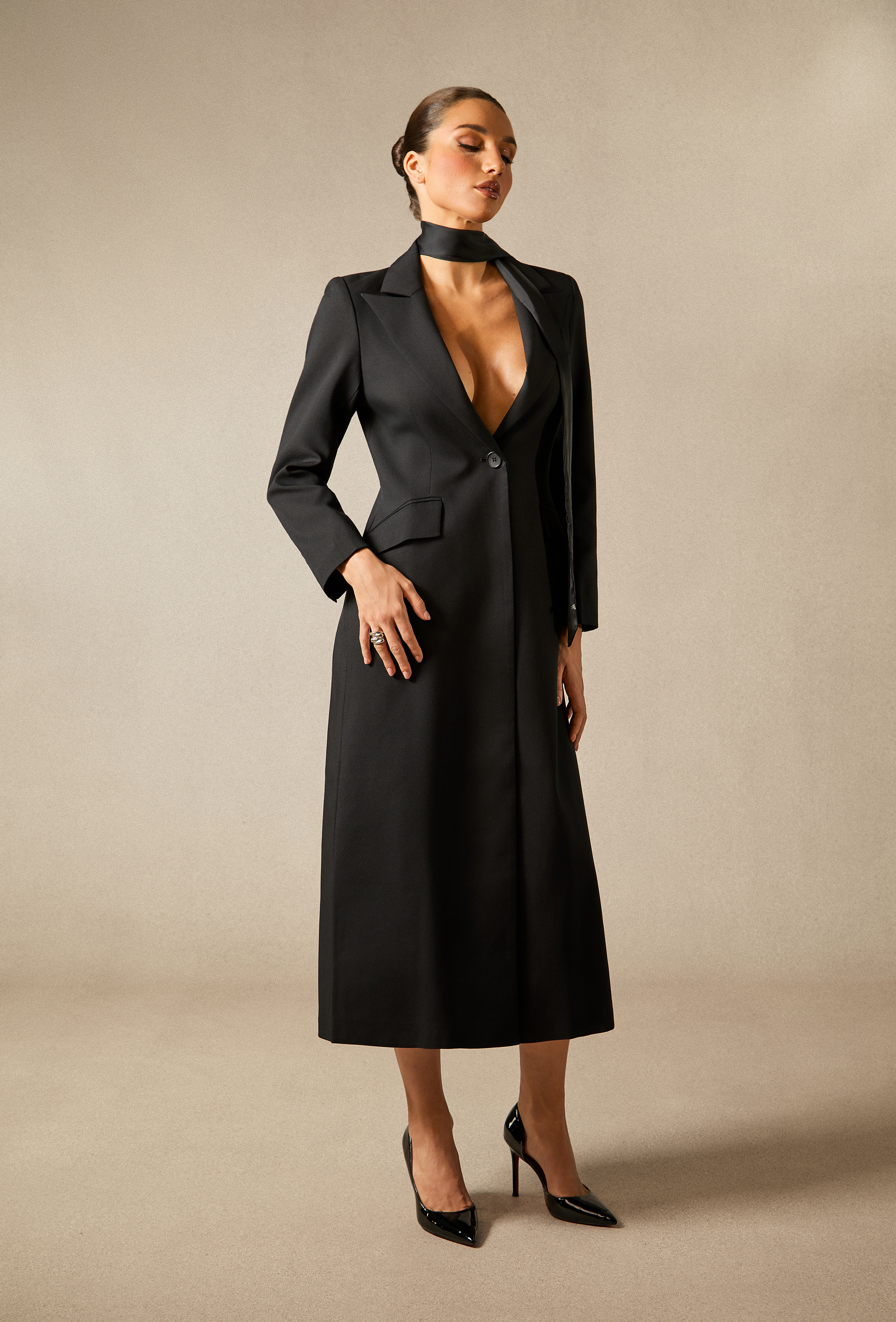Esther Deep V Neck Single Breasted Long Coat