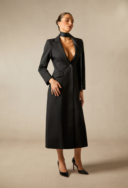 Esther Deep V Neck Single Breasted Long Coat