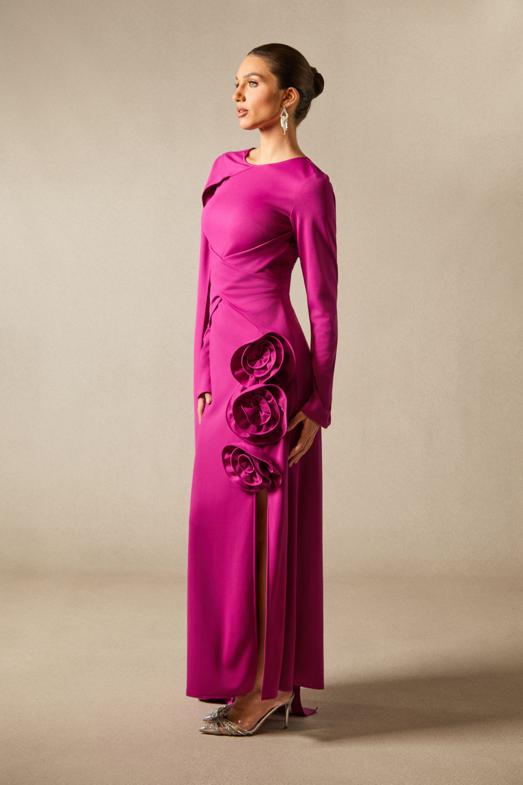 Anastasia Cape Maxi Dress | Hot Pink Slit Glam - sunfere