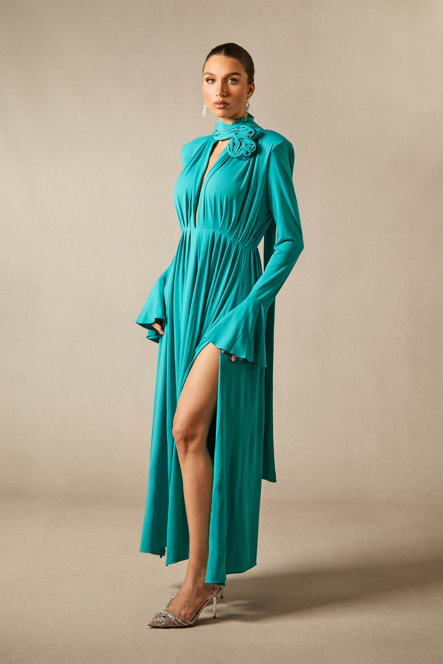 Yedda Flower Trimmed V-Neckline Pleated Slit Maxi Dress