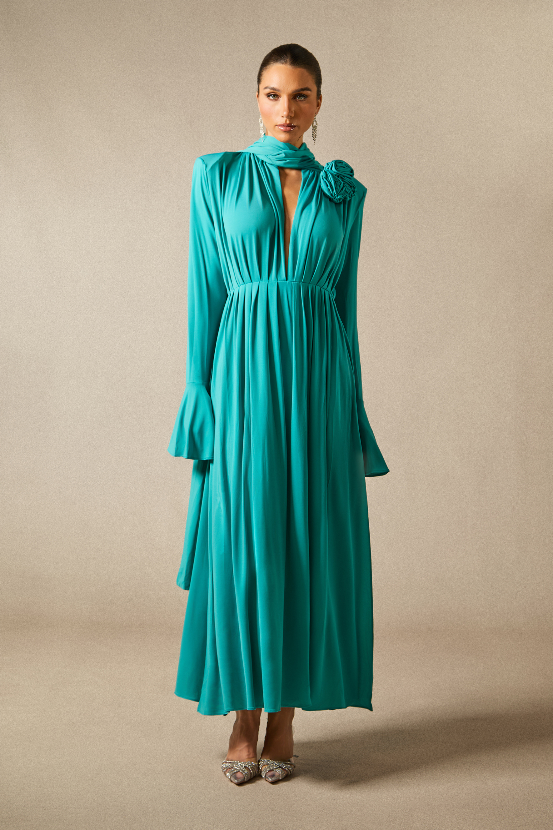 Yedda Flower Trimmed V-Neckline Pleated Slit Maxi Dress