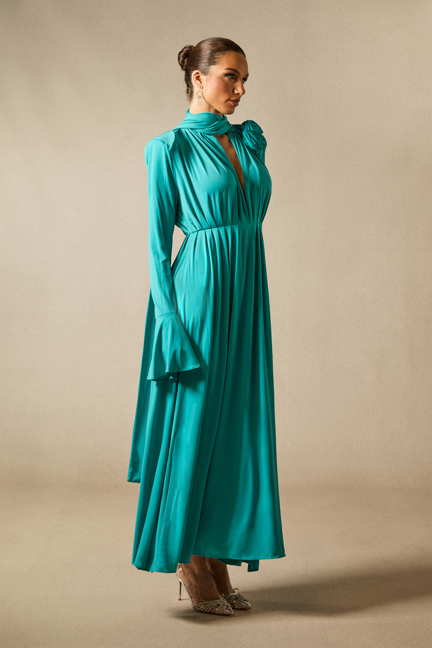 Yedda Flower Trimmed V-Neckline Pleated Slit Maxi Dress