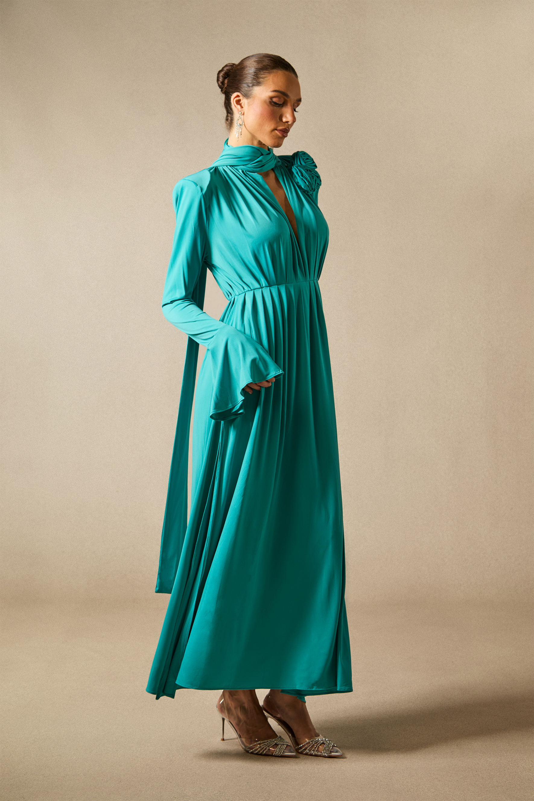 Yedda Flower Trimmed V-Neckline Pleated Slit Maxi Dress-Sunfere