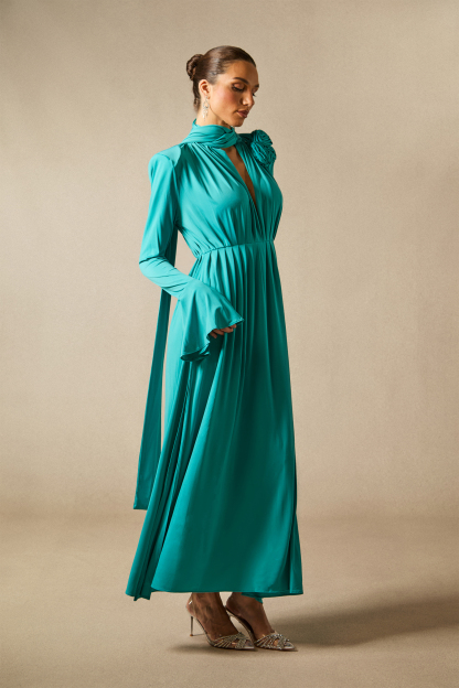 Yedda Flower Trimmed V-Neckline Pleated Slit Maxi Dress