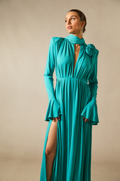 Yedda Flower Trimmed V-Neckline Pleated Slit Maxi Dress