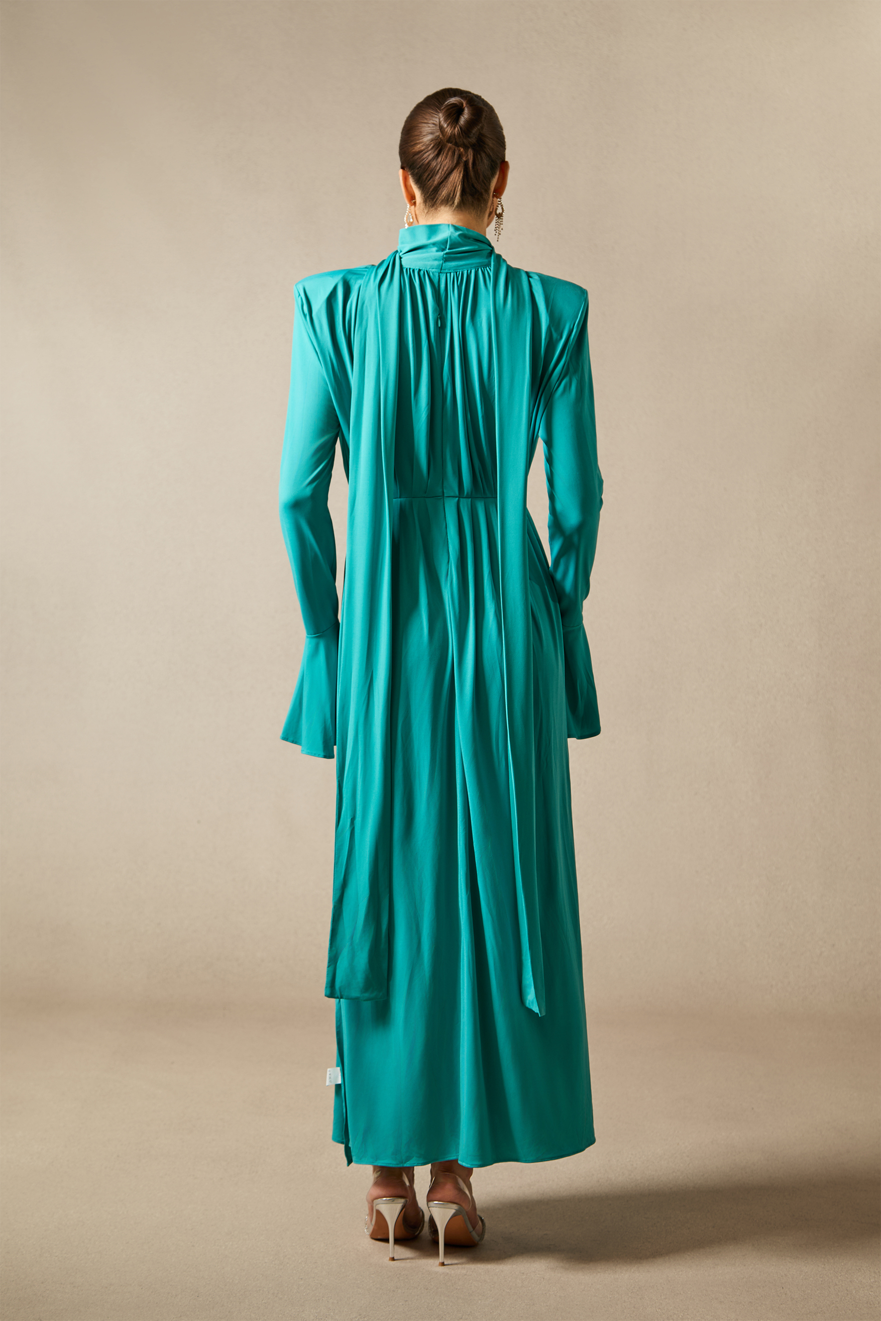 Yedda Flower Trimmed V-Neckline Pleated Slit Maxi Dress