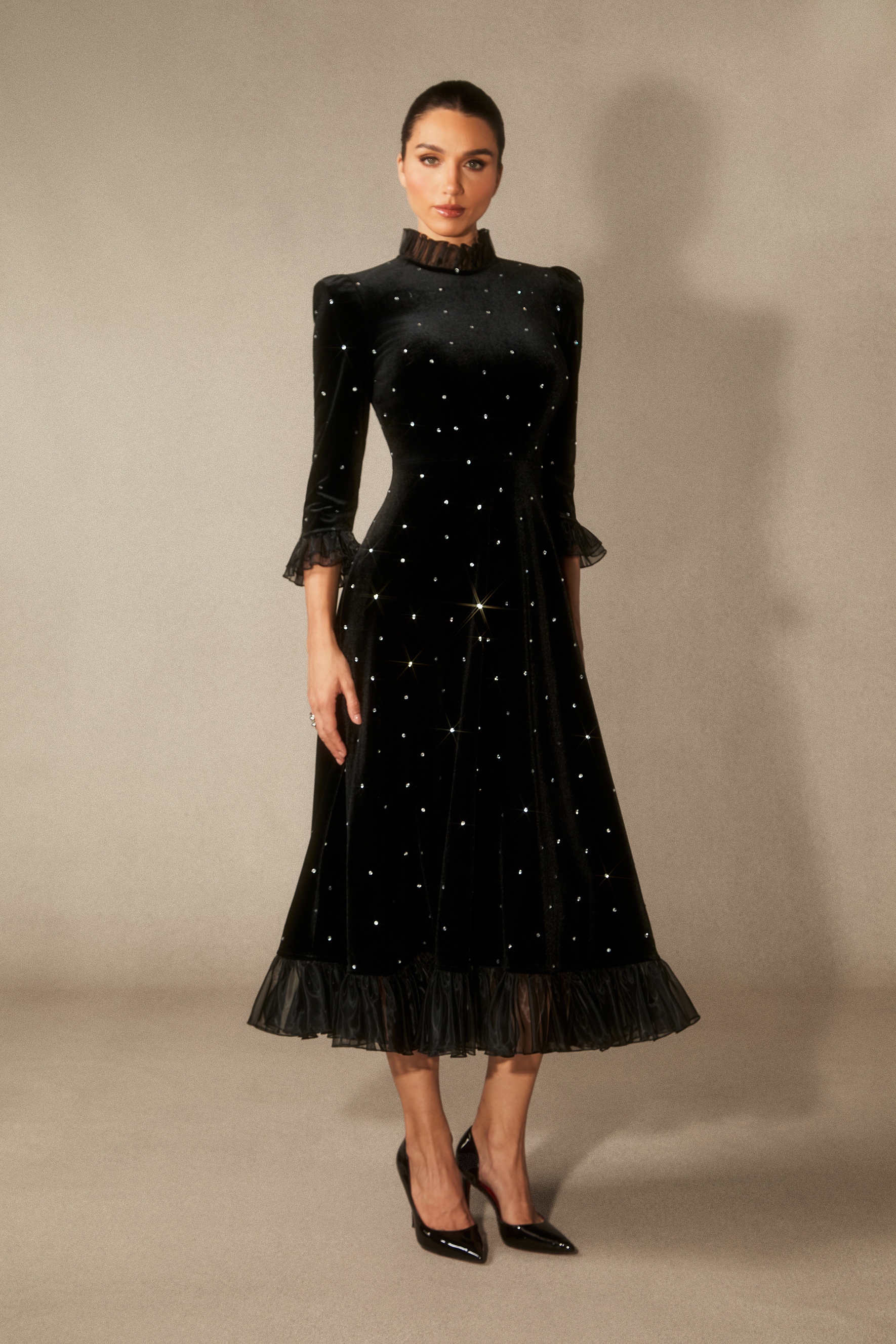 Jolie Diamante Ruffle Velvet Maxi Dress