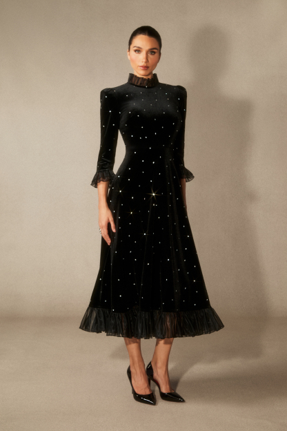 Jolie Diamante Ruffle Velvet Maxi Dress